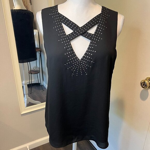 BCBGMaxAzria Black Joline Studded Crisscross Sleeveless Blouse, Size Small - Picture 4 of 15